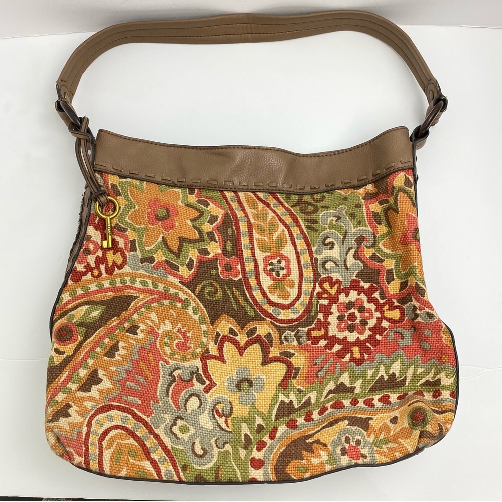Fossil Brown Leather Canvas Multicolor Paisley Floral Shoulder Bag Handbag